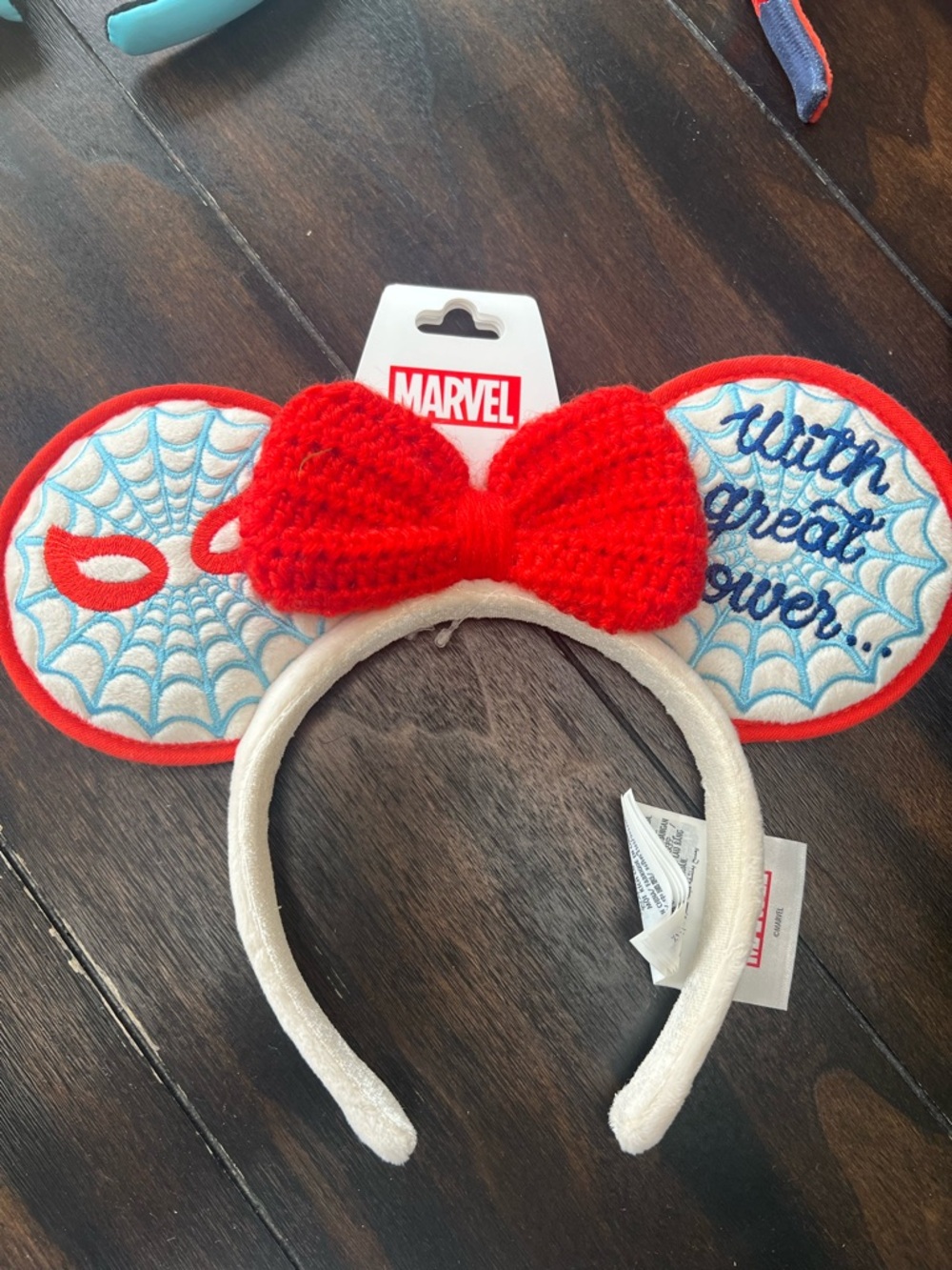 Marvel Minnie Ear Headband with Red Bow and Blue Web Accents